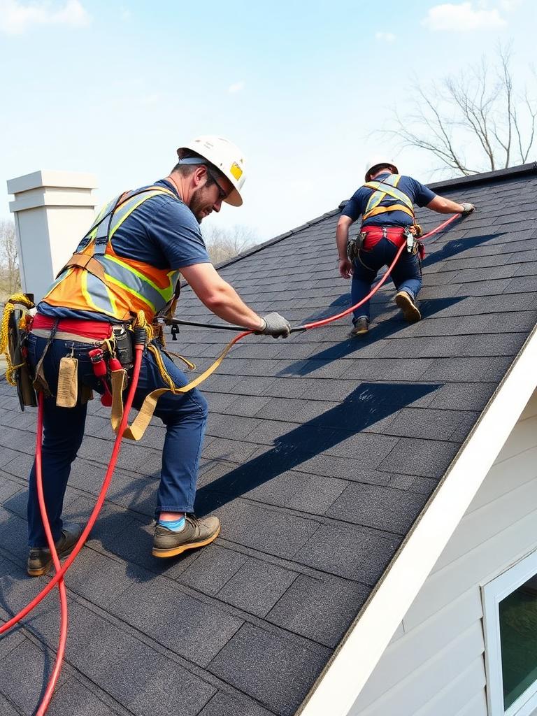 Roofing workers installing new shingles on a residential roof