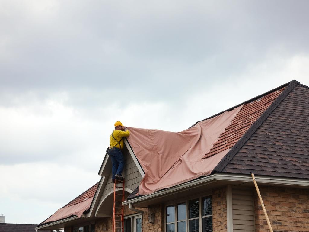 Emergency storm response with tarp covering damaged roof